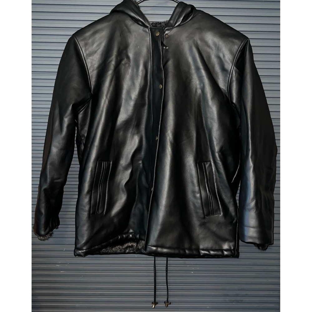 Komitor Black Faux Leather‎ Hooded Jacket 2XL Drawstring Waist Snap Button Front